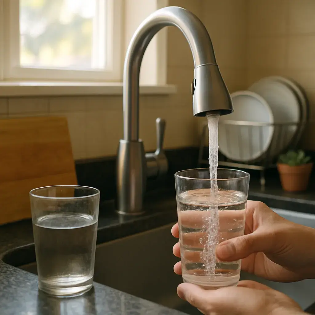 filtered-tap-water-kitchen-glass-sunnyvale-home Clear glass of filtered water from Sunnyvale kitchen faucet after filtration installation