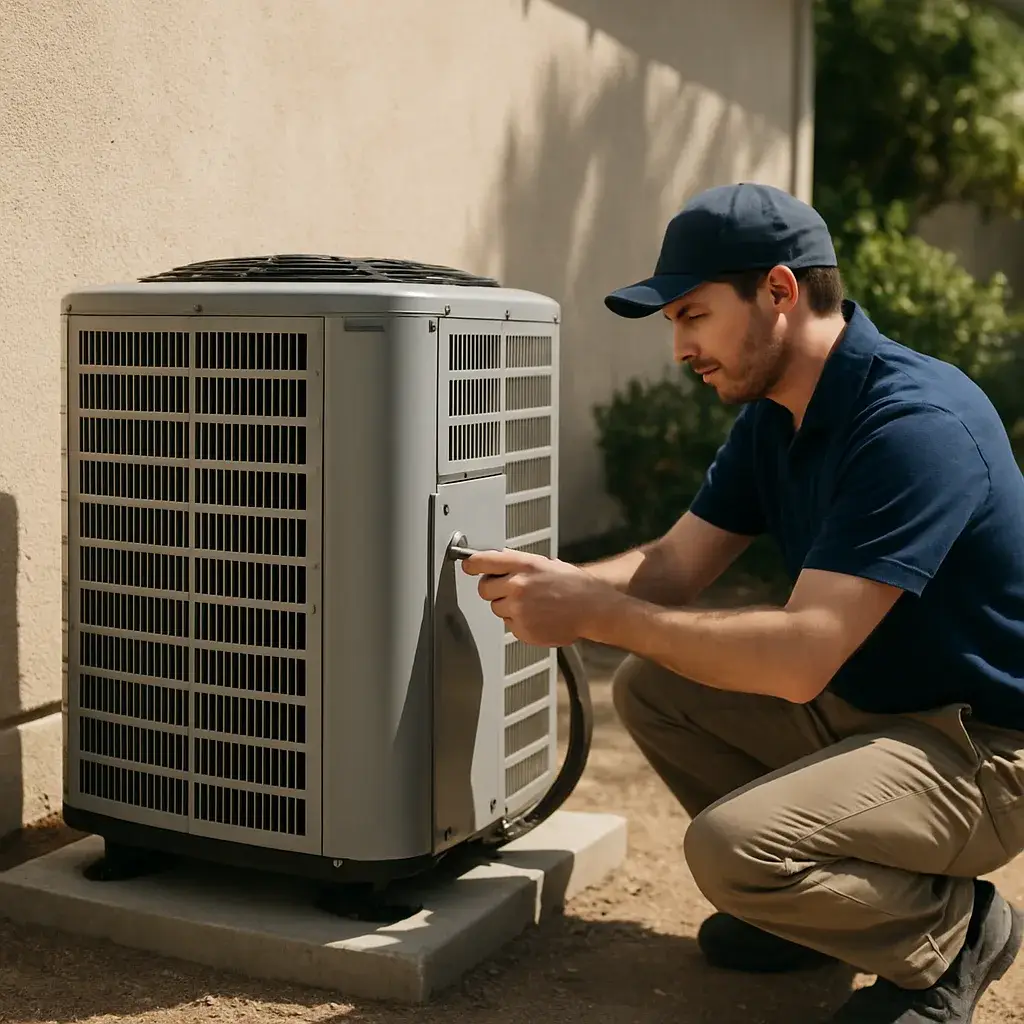 Technician installing whole-house air conditioning condenser unit outside Sunnyvale home