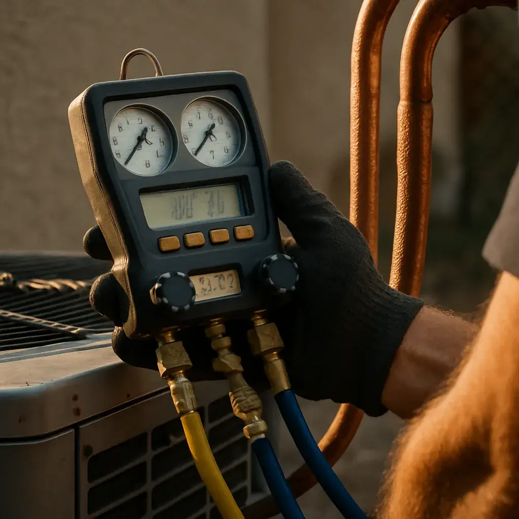 Close-up of gauge reading refrigerant levels during AC installation in Sunnyvale