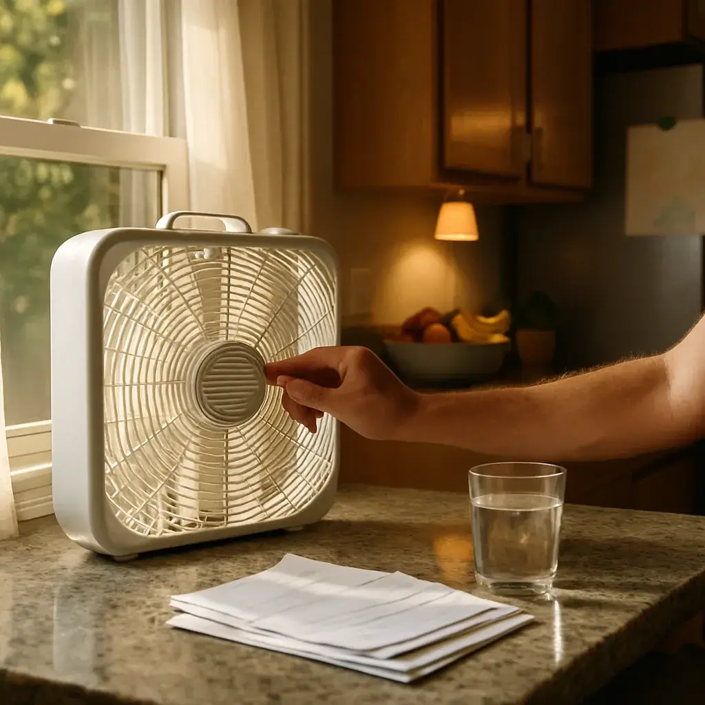 Homeowner using fan and reviewing bills before whole-house AC upgrade in Sunnyvale