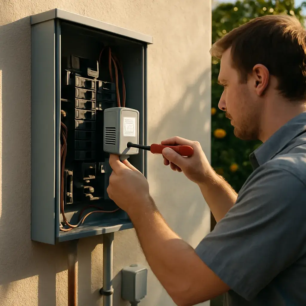 Technician installing whole-house surge protector in electrical panel at Sunnyvale home