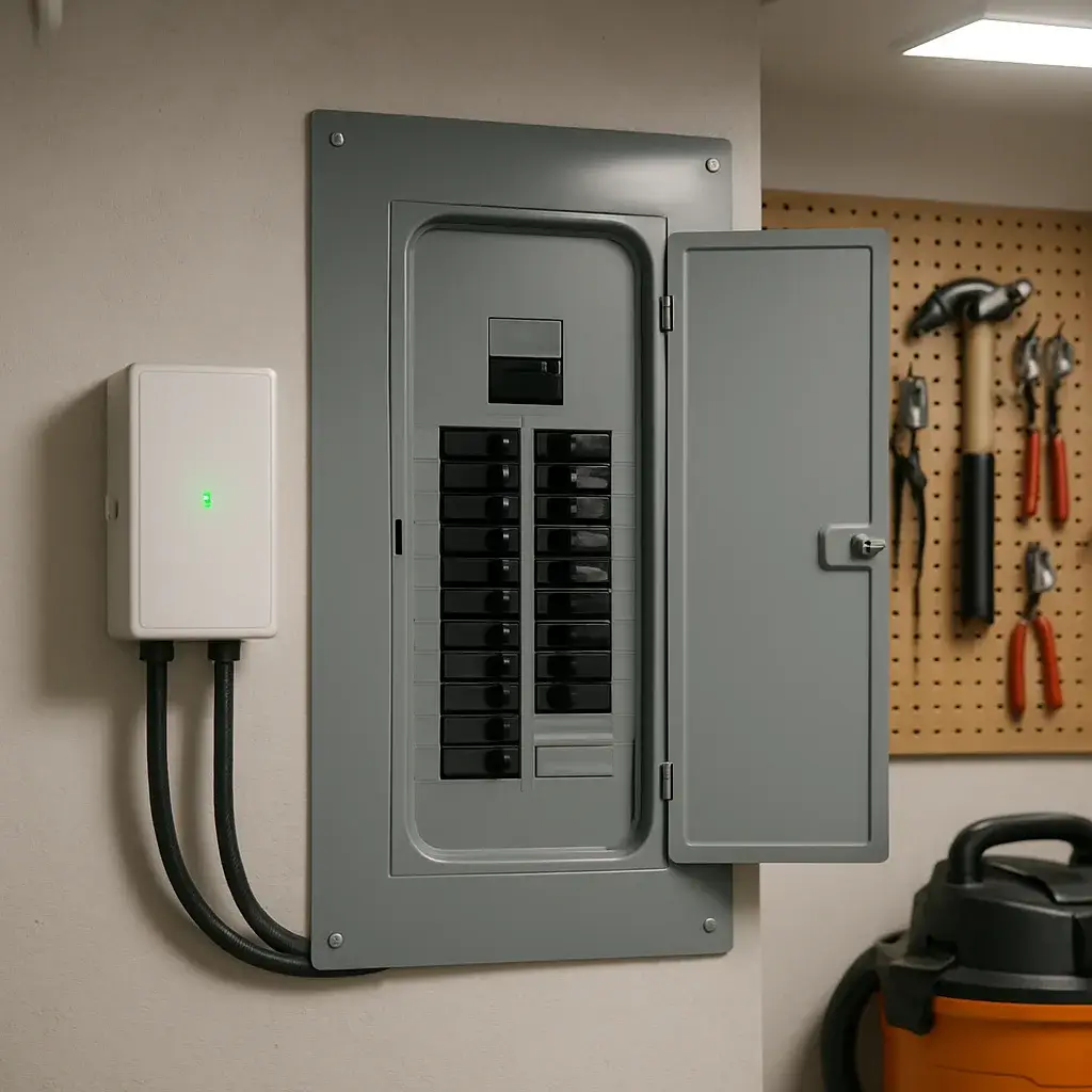 whole-house-surge-protector-finished-install-sunnyvale Finished whole-house surge protector installation on Sunnyvale garage electrical panel
