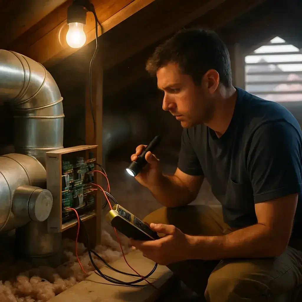 Technician inspects HVAC zoning control panel in Sunnyvale home attic ductwork