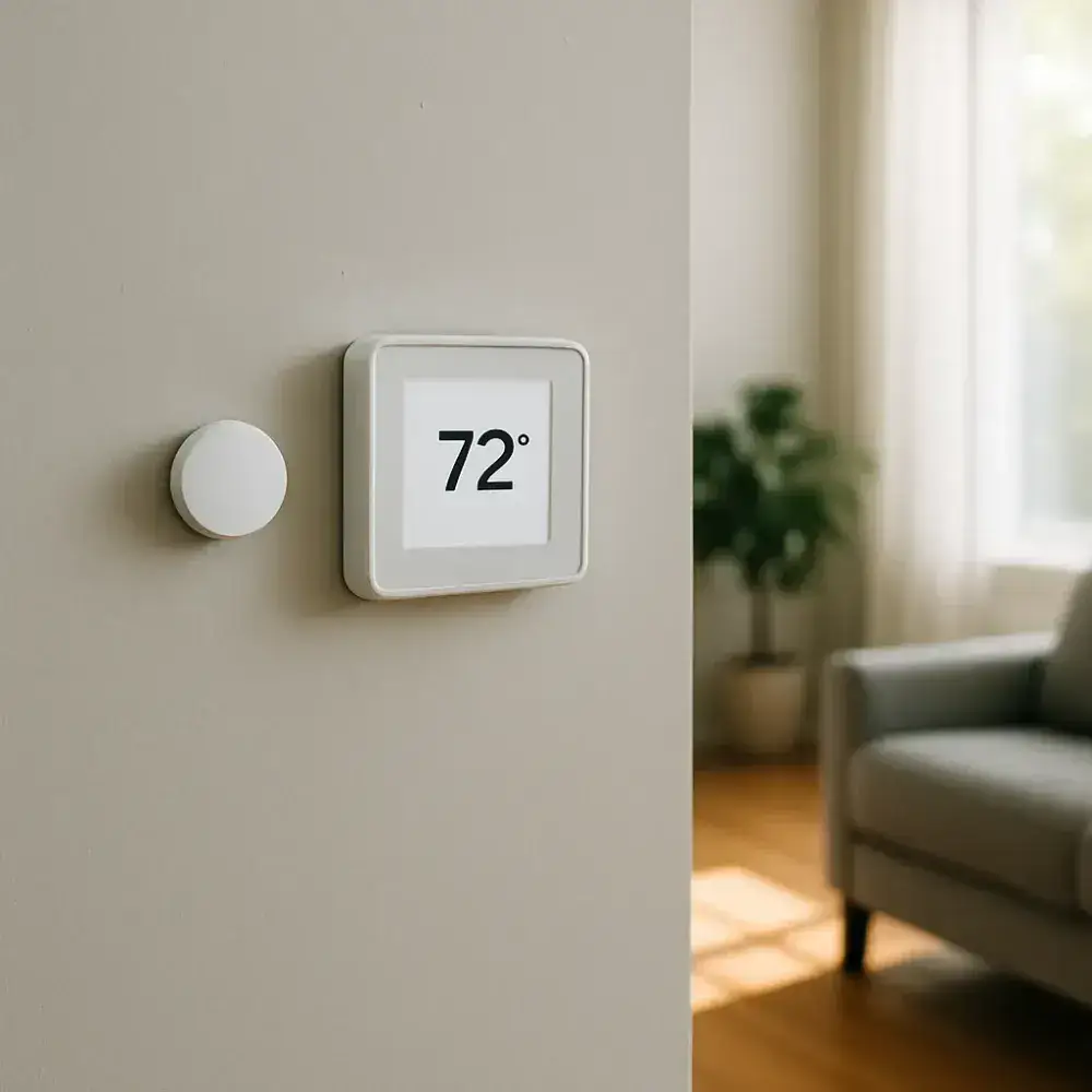 zoning-system-inspection-thermostat-result-sunnyvale Living room thermostat showing balanced temperature after zoning system inspection Sunnyvale