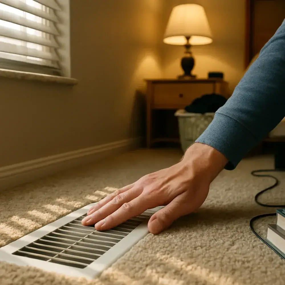 zoning-system-inspection-bedroom-vent-homeowner-sunnyvale Homeowner checks airflow at bedroom vent before HVAC zoning inspection Sunnyvale
