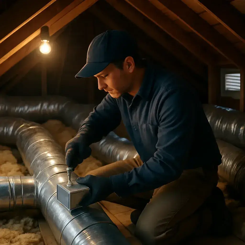 Technician installing zoning damper on attic ductwork during HVAC zoning system installation in Sunnyvale
