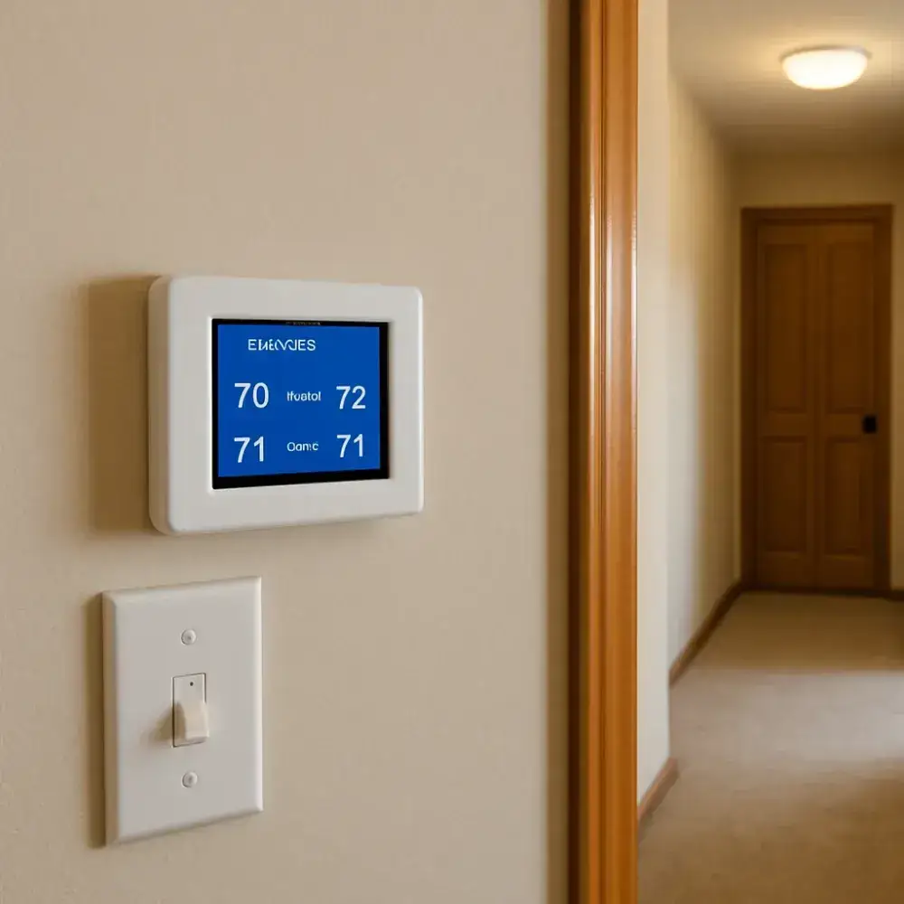 zoning-control-panel-finished-installation-sunnyvale Finished multi-zone thermostat panel after zoning system installation in Sunnyvale home hallway