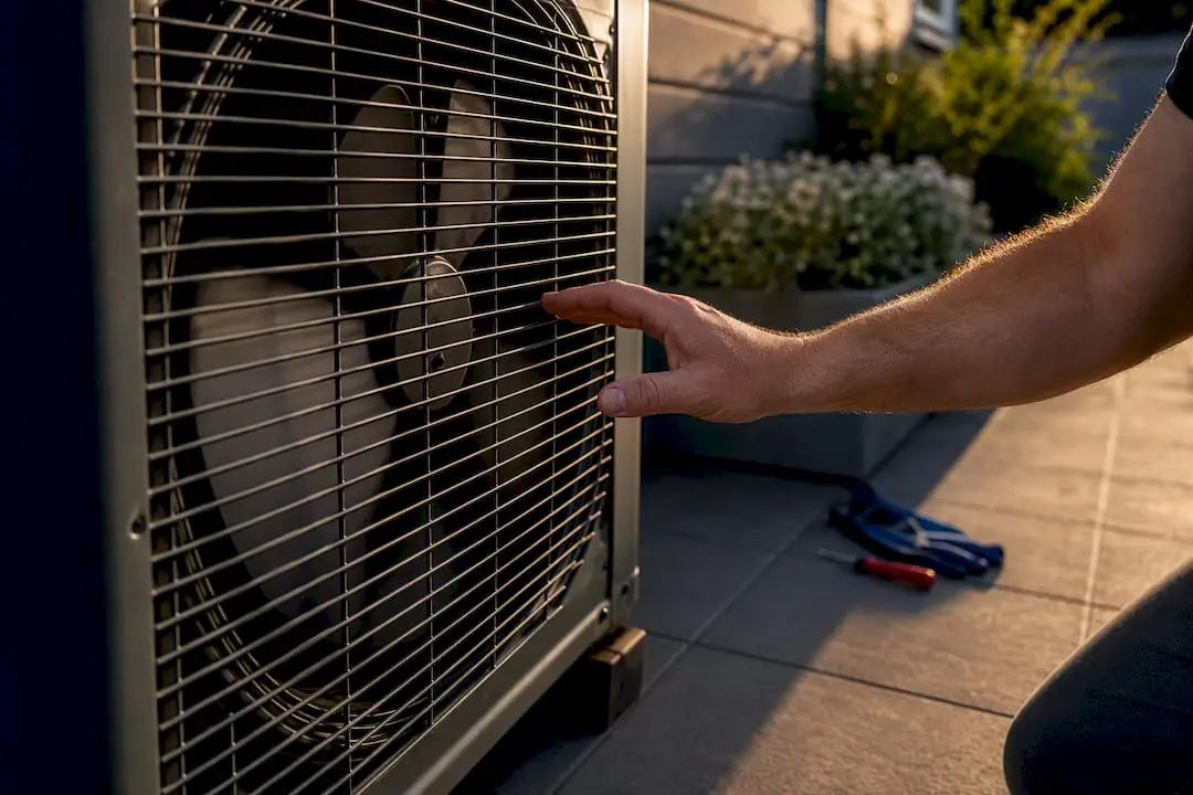 Stationary AC fan behind condenser grille