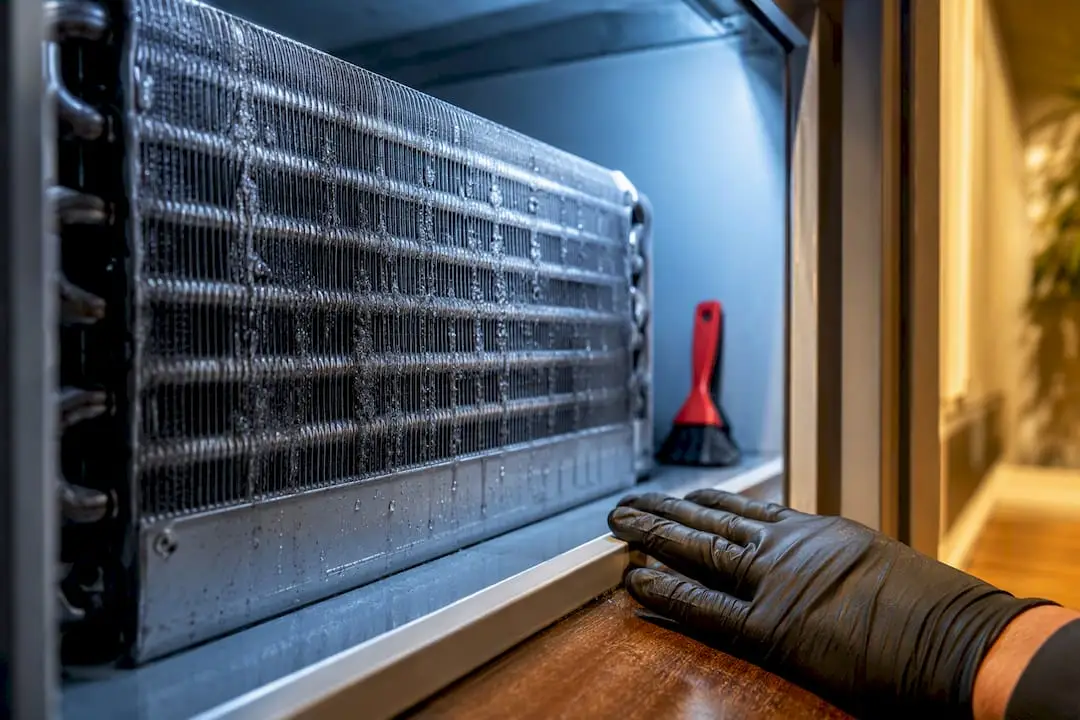 Moist HVAC coil with visible gray film