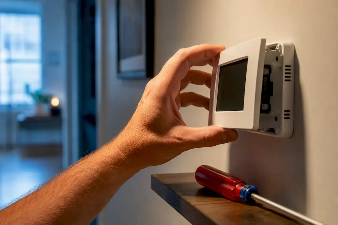 Hand checking a blank thermostat screen