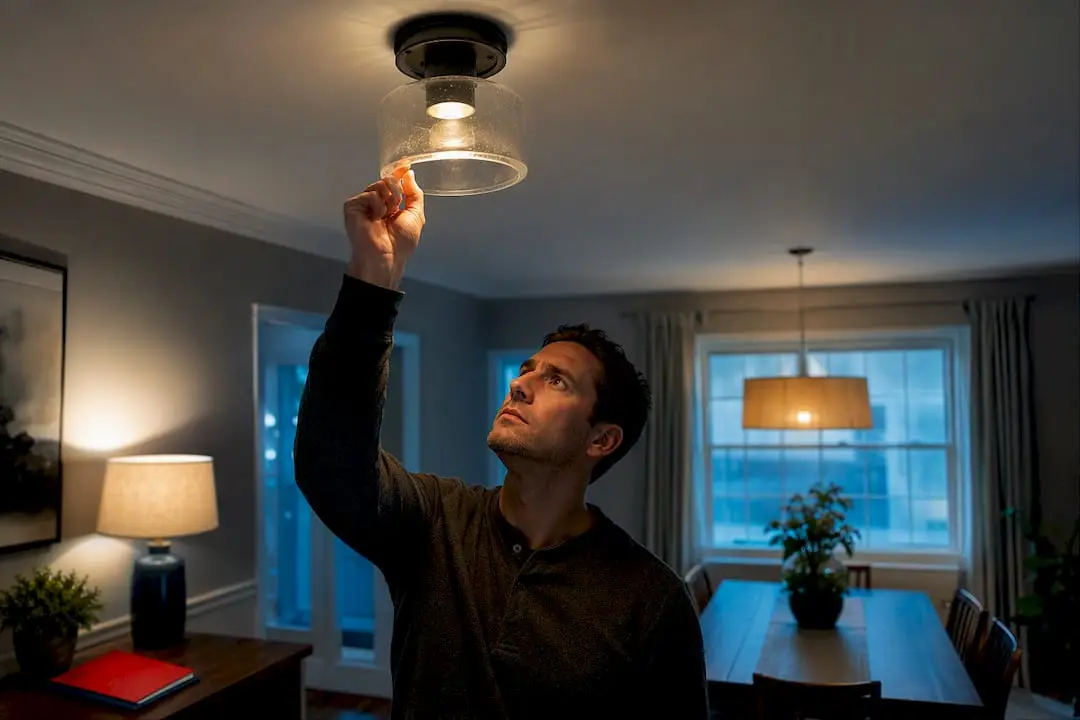 Homeowner examining a flickering ceiling light