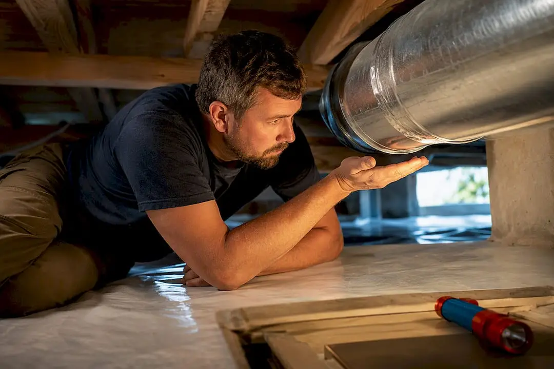 Homeowner checking air leakage at duct joint