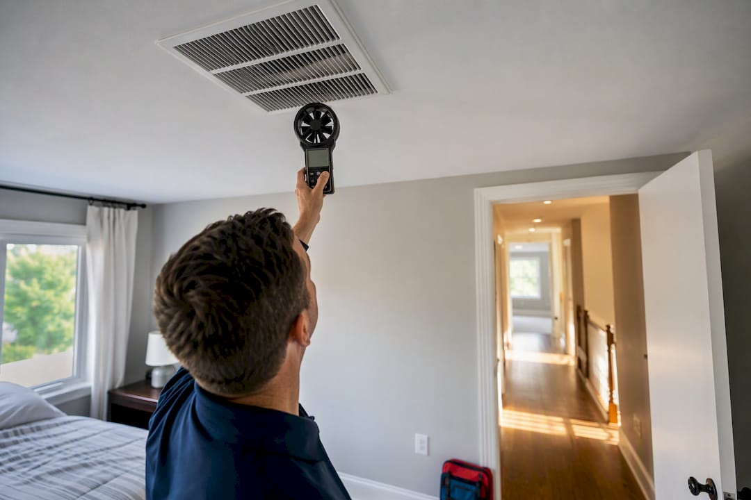 Technician measuring upstairs register airflow