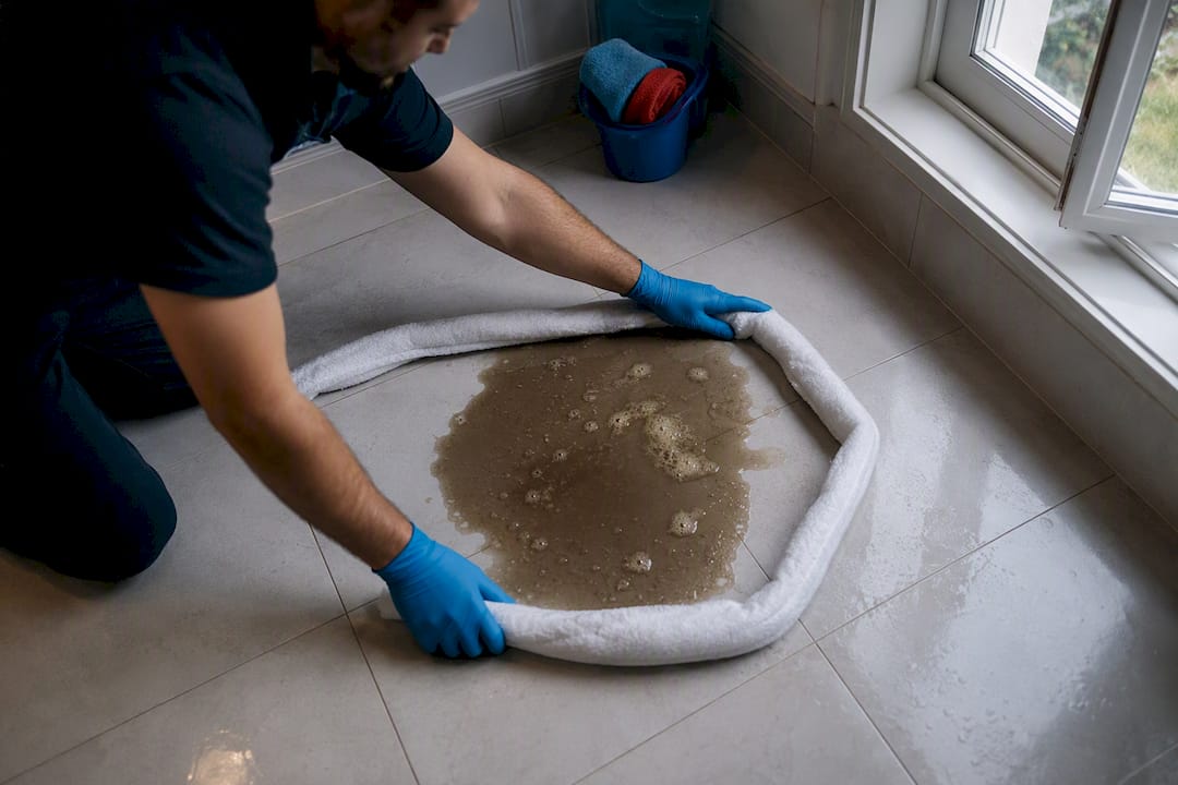 Gloved hands containing a sewage spill