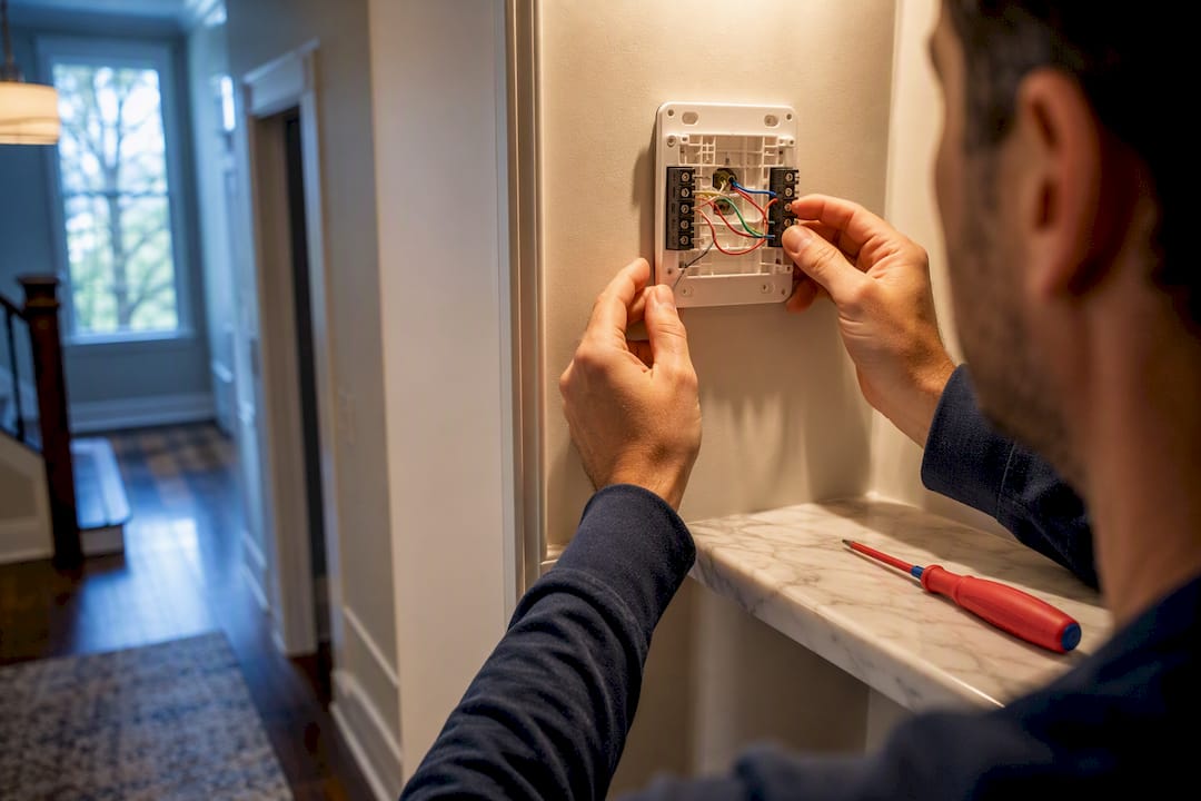 Homeowner inspecting thermostat wiring before purchase