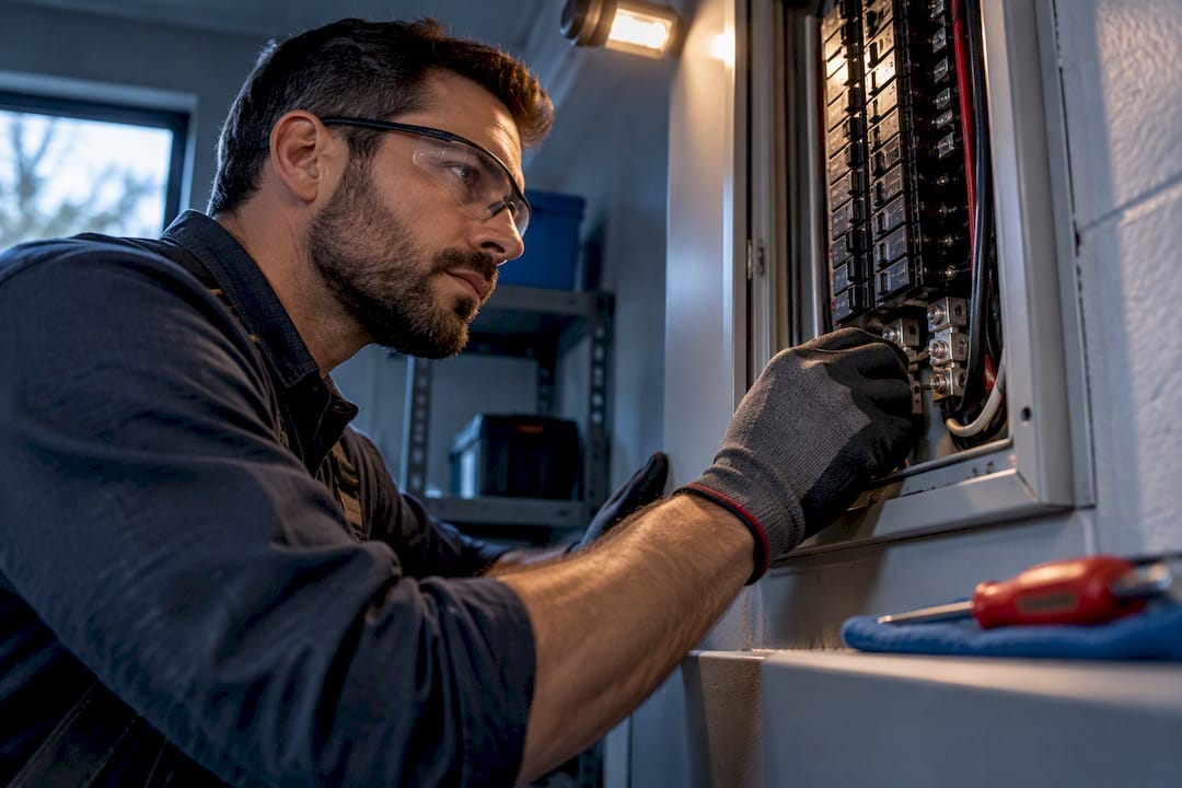 Electrician inspecting electrical panel components