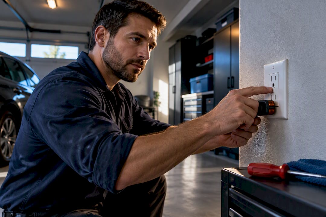 Electrician testing a garage GFCI outlet