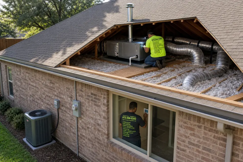 How HVAC maintenance pricing works, Sunnyvale, TX Attic-only cutaway of a home as an Xtreme Air Services technician inspects the furnace while another checks the thermostat, Sunnyvale, TX