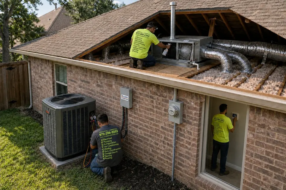 What's in a full HVAC maintenance visit, Sunnyvale, TX Attic-only cutaway of a home with Xtreme Air Services technicians cleaning the coil, checking the thermostat and testing the Trane AC, Sunnyvale, TX