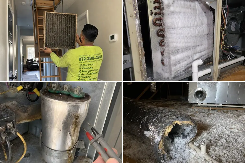 When a blower motor replacement isn't the real problem, Sunnyvale, TX Xtreme Air Services technician holding a clogged air filter, plus coil, capacitor and duct checks before a blower motor replacement, Sunnyvale, TX