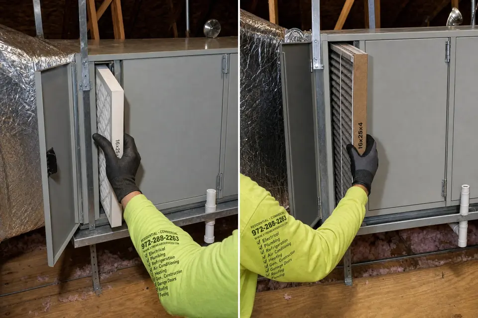 Clean vs clogged 4-inch HVAC filter, Sunnyvale, TX A clean 4-inch air filter going into an attic air handler and the same filter clogged after a Texas summer, Sunnyvale, TX