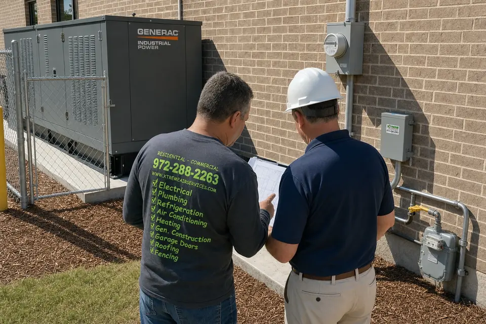 Commercial generator permits and inspection, Sunnyvale, TX Xtreme Air Services technician and inspector reviewing a site plan beside a Generac Industrial generator, Sunnyvale, TX