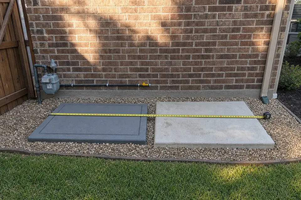 Composite and poured concrete generator pads side by side on gravel with a tape measure beside a Sunnyvale, TX home