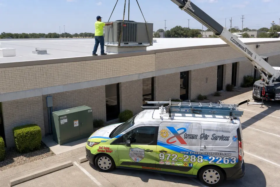 Commercial HVAC Installation Delivers New Systems for Growing Businesses, Sunnyvale, TX Crane setting a commercial rooftop unit while the Xtreme Air Services van waits in the parking lot, Sunnyvale, TX