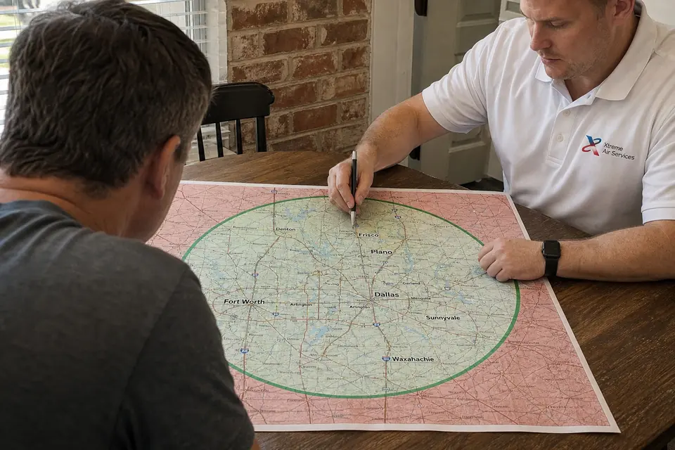 Xtreme Air Services representative tracing the 60-mile Dallas-Fort Worth service area on a map with a Sunnyvale, TX homeowner