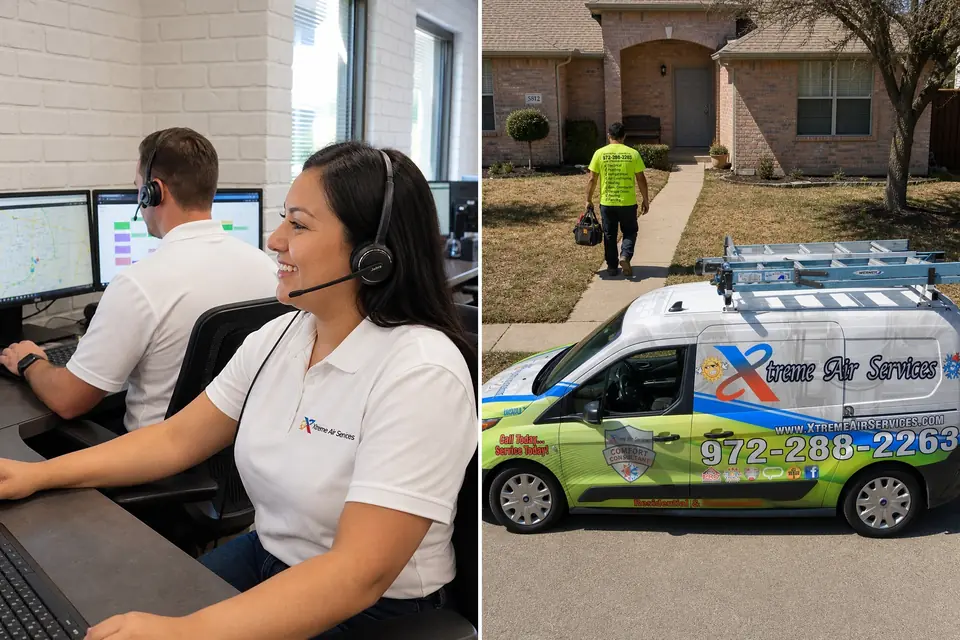 Xtreme Air Services dispatchers taking a service call beside a technician arriving at a home in the company van, Sunnyvale, TX