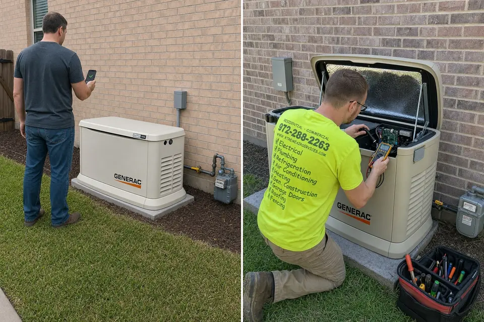 DIY generator check vs. professional inspection, Sunnyvale, TX Side by side: a homeowner's quick app check of a standby generator, and an Xtreme Air Services technician's full inspection with the lid open, Sunnyvale, TX