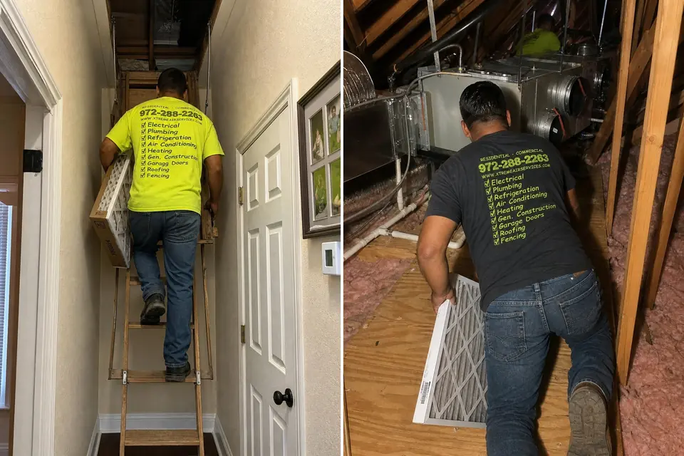 How filter service pricing works, Sunnyvale, TX Xtreme Air Services technician climbing an easy attic ladder beside a tight two-system attic crawl, showing what affects filter service pricing, Sunnyvale, TX