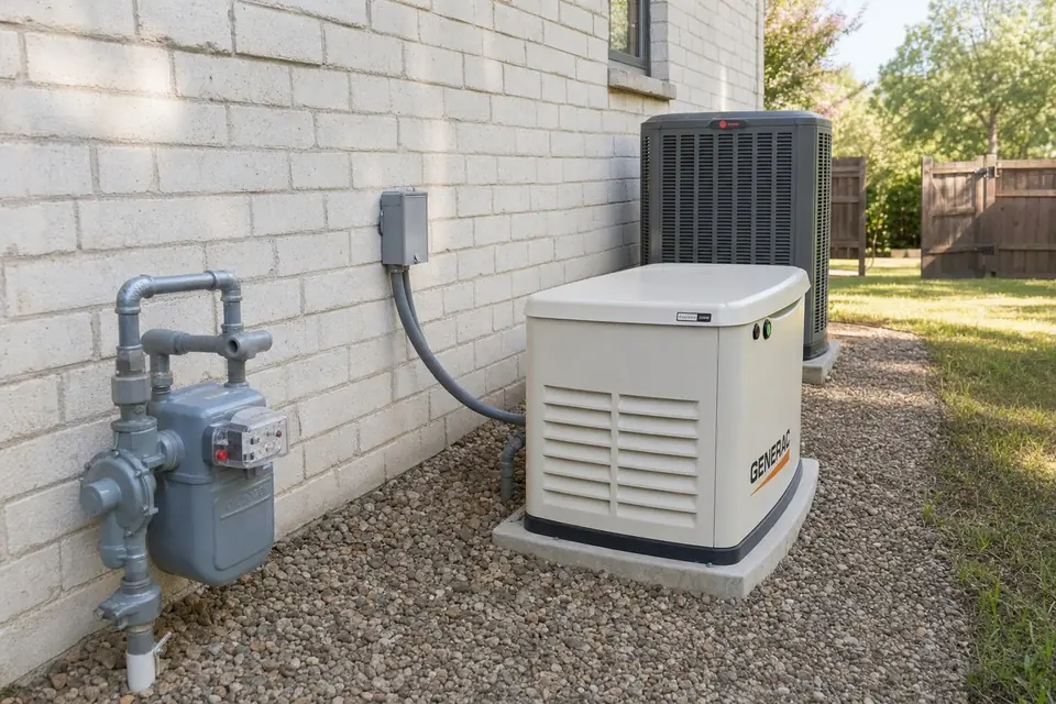 Existing gas meter on the brick wall of a Sunnyvale, TX home near where a standby generator will be piped