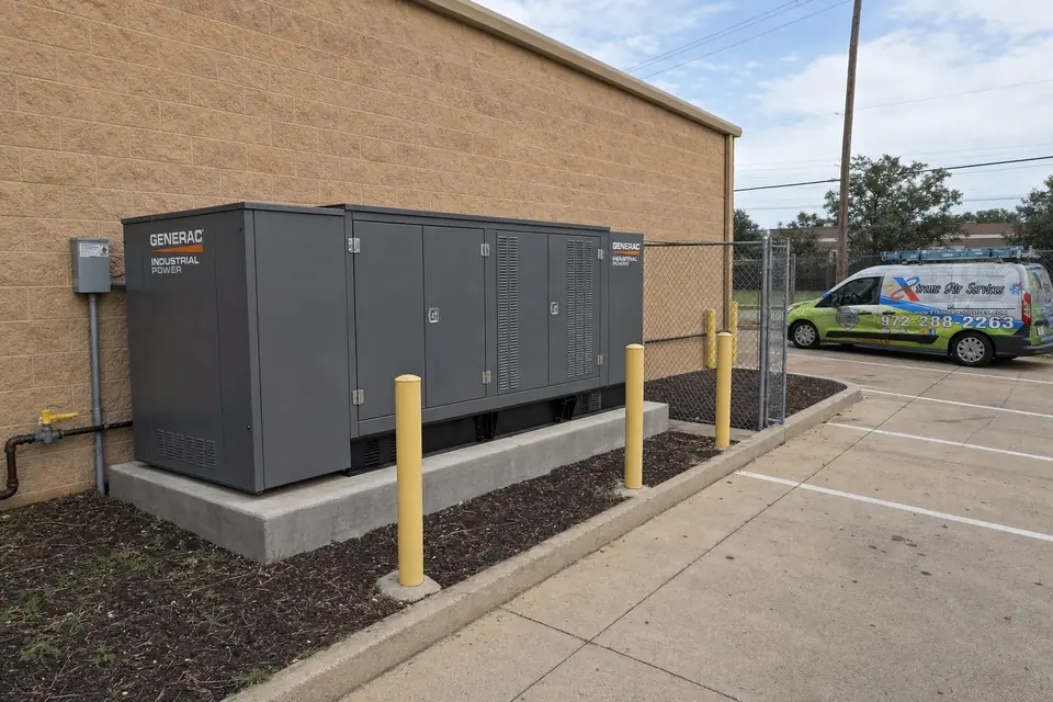 Commercial standby generator, Sunnyvale, TX Generac Industrial Power standby generator behind a commercial building with yellow gas piping and bollards, Sunnyvale, TX