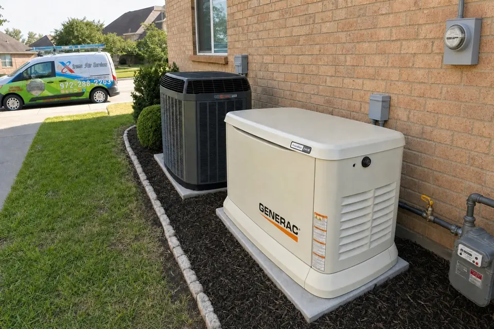 Whole-home standby generator installed beside a Trane AC, Sunnyvale, TX Generac home standby generator and Trane XV20i air conditioner installed beside a brick home in Sunnyvale, TX, Xtreme Air Services van at the curb