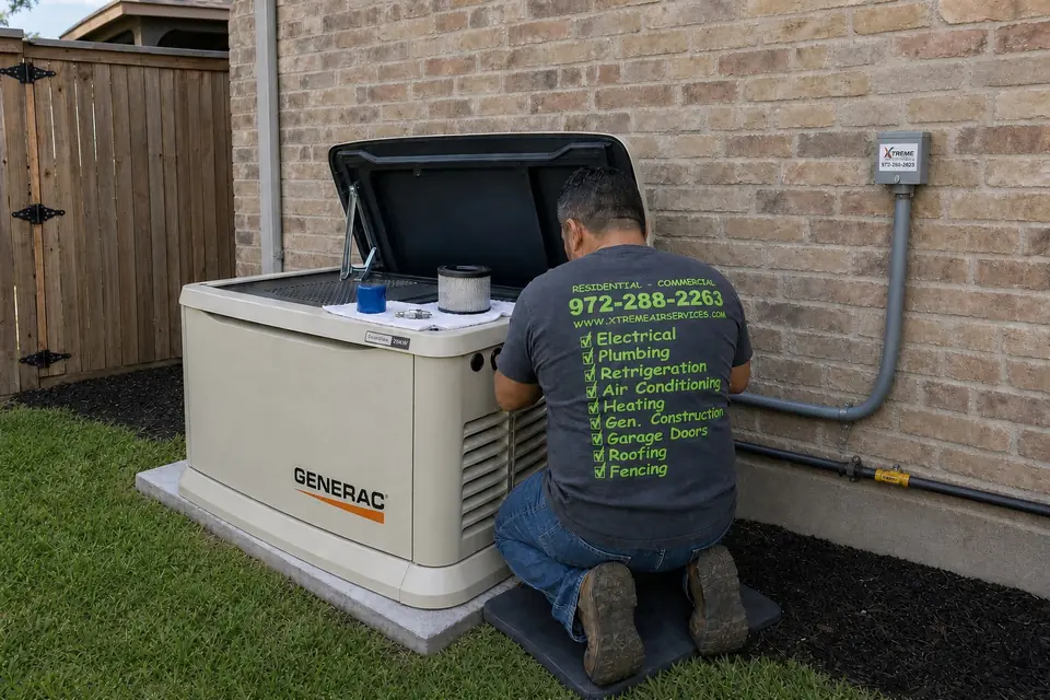 Generator annual service visit, Sunnyvale, TX Xtreme Air Services technician working on a Generac standby generator with annual service parts laid out on the lid in Sunnyvale, TX