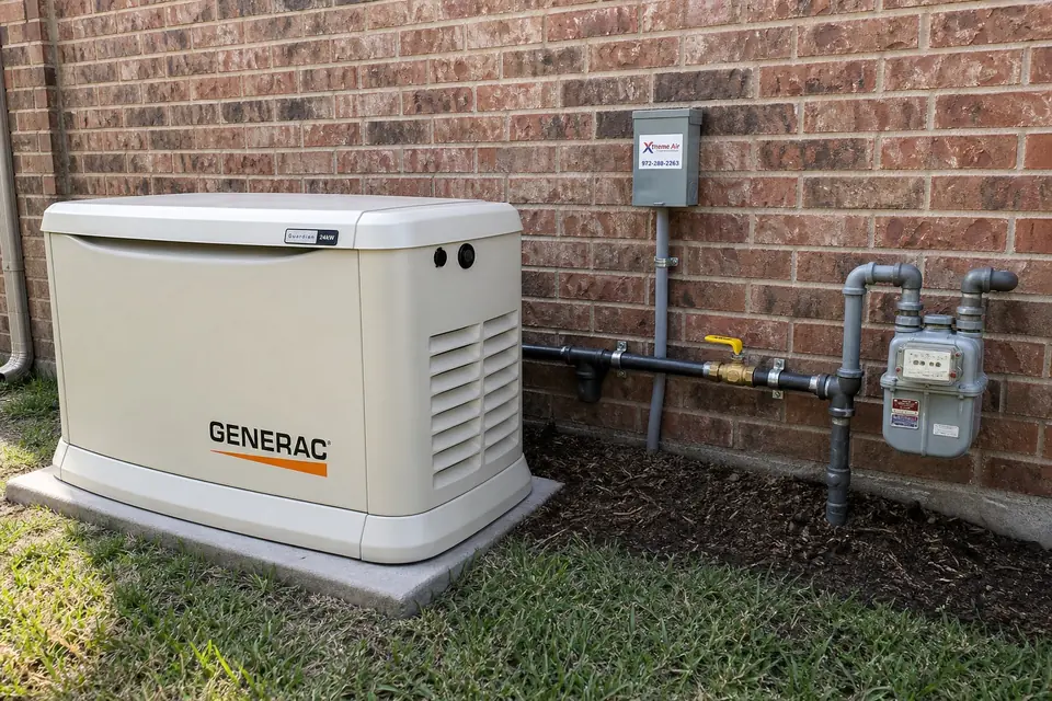 Rigid gas line from the meter through a shutoff valve and sediment trap to a Generac standby generator in Sunnyvale, TX