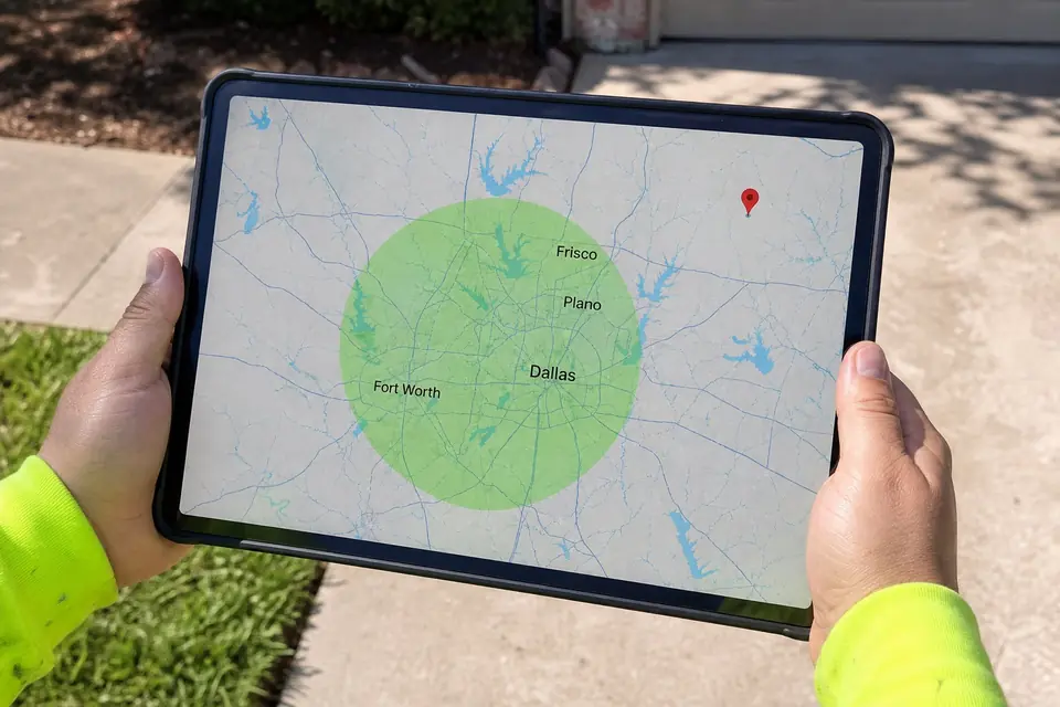 Generator hookup service area, Sunnyvale, TX Tablet map showing the Xtreme Air Services generator service area around Dallas-Fort Worth with an address outside it, Sunnyvale, TX