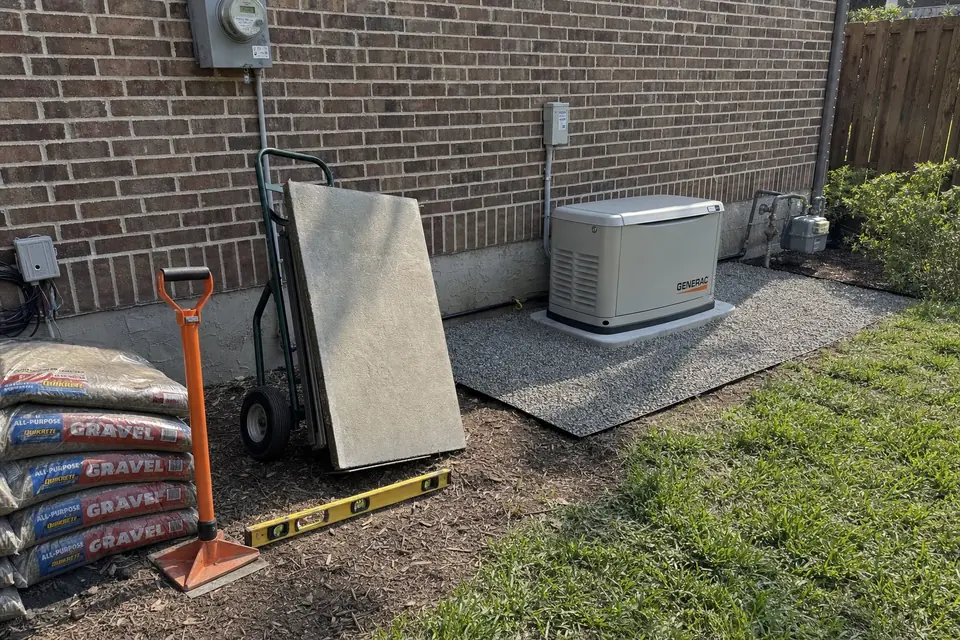 Gravel, tamper, level and a new composite generator pad ready for a standby generator install beside a Sunnyvale, TX home