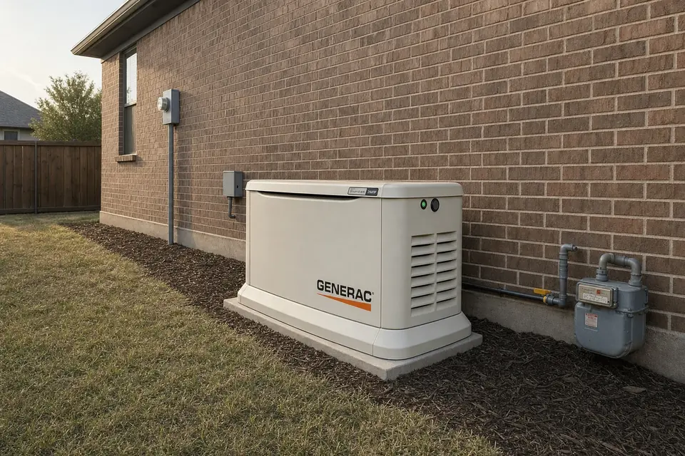 Home standby generator ready for the next outage, Sunnyvale, TX Generac home standby generator on its pad beside a brick home in Sunnyvale, TX, with its own disconnect box and a hard gas line from the gas meter