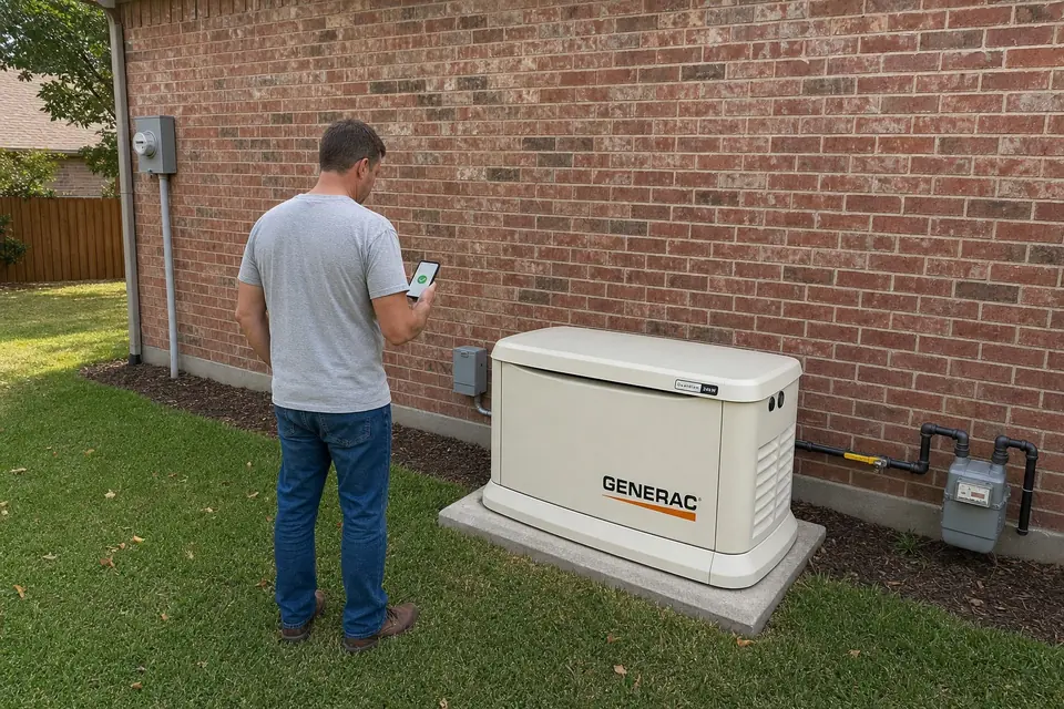 Generator weekly self-test check on the app, Sunnyvale, TX Homeowner checking a Generac standby generator's weekly self-test status on a phone app beside a brick home in Sunnyvale, TX