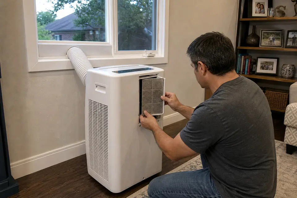 When Your Portable AC Doesn't Need a Repair Call, Sunnyvale, TX Homeowner cleaning the filter on a portable air conditioner vented through a window, Sunnyvale, TX