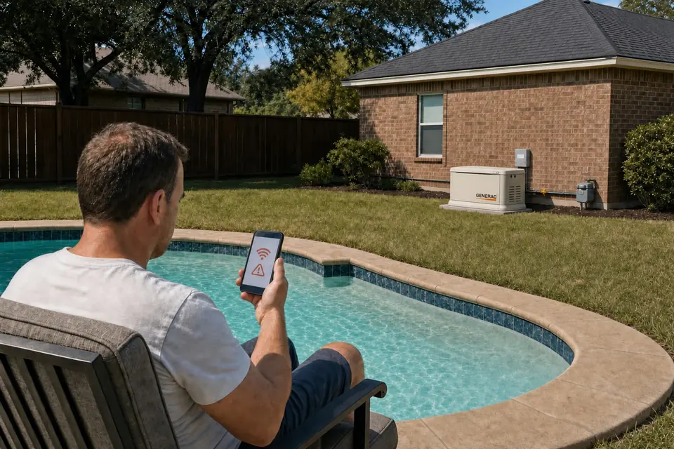 Homeowner by the pool seeing a no-signal warning on the generator monitoring app, standby generator far across the yard, Sunnyvale, TX