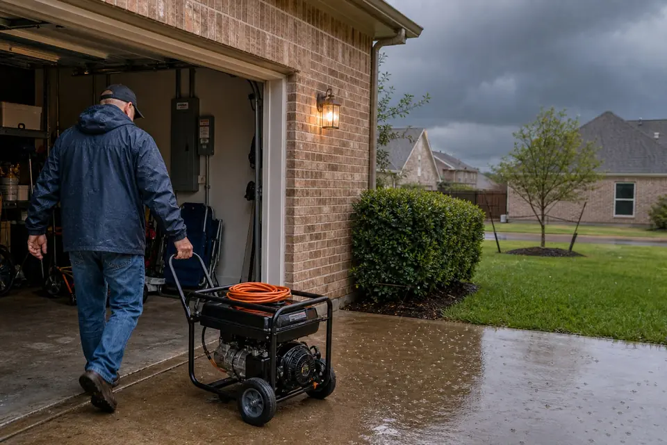 Homeowner rolling a portable generator out of the garage as a storm rolls in, a smaller backup option, Sunnyvale, TX