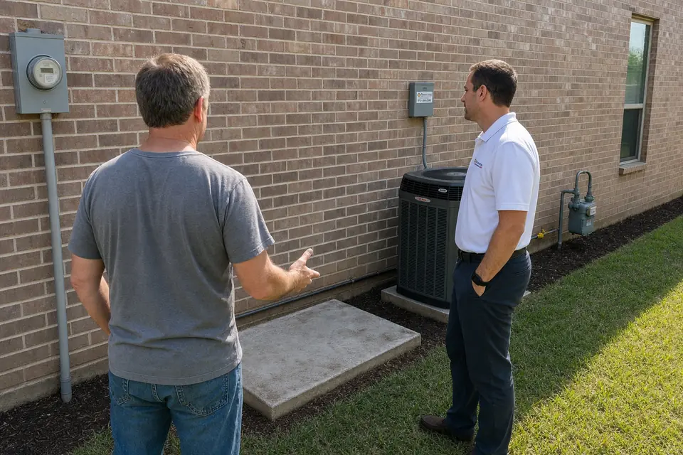 Checking an existing slab for a generator, Sunnyvale, TX Homeowner showing an Xtreme Air Services representative an existing concrete slab that could hold a standby generator, Sunnyvale, TX