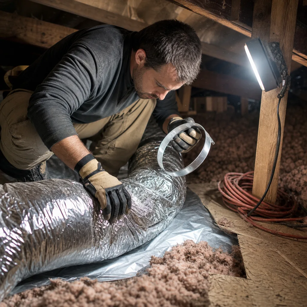 HVAC technician repairing crushed ductwork in Sunnyvale home attic crawlspace