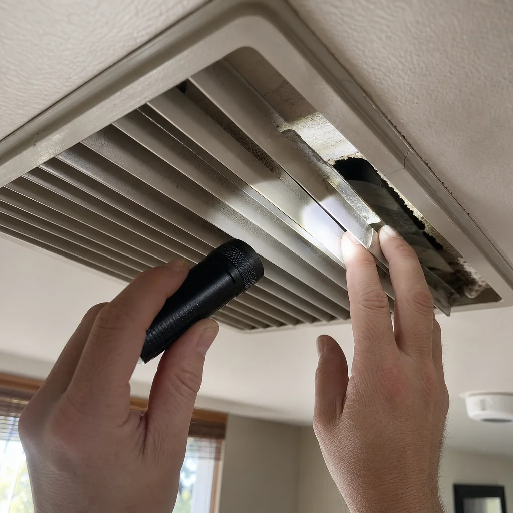 hvac-duct-vent-repair-vent-register-inspection-sunnyvale Close-up of damaged vent register being inspected for HVAC duct repair in Sunnyvale