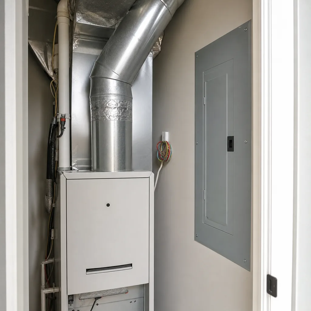 hvac-duct-vent-repair-completed-seal-sunnyvale Freshly sealed duct joint after HVAC vent repair in Sunnyvale mechanical closet