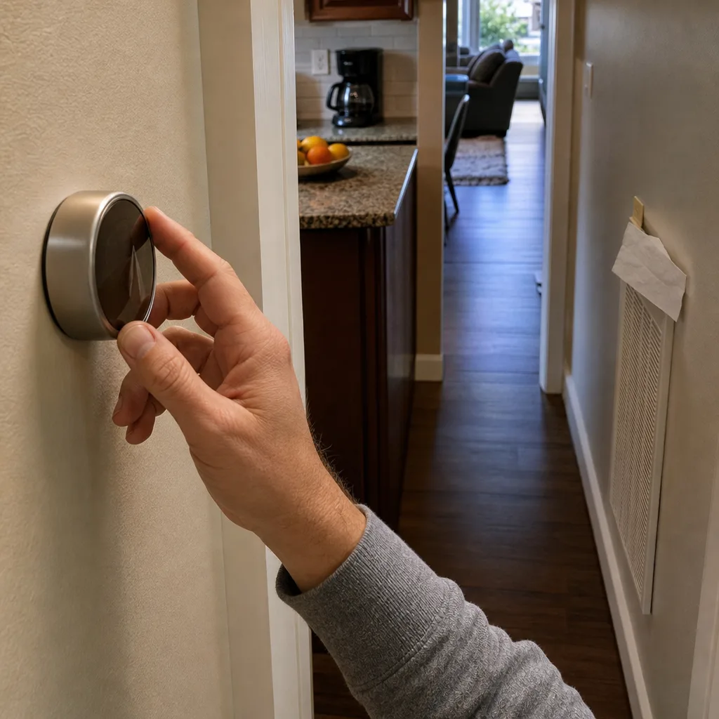 hvac-duct-vent-repair-homeowner-airflow-check-sunnyvale Homeowner noticing weak airflow from vent before HVAC duct repair in Sunnyvale