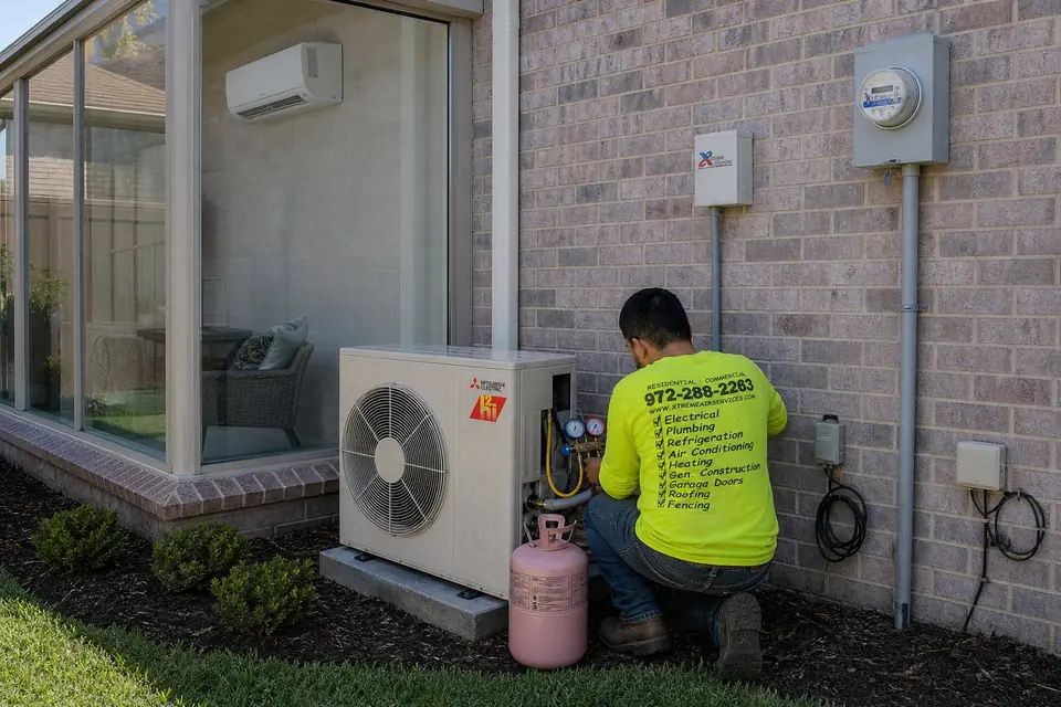 Licensed refrigerant repair, Sunnyvale, TX Licensed Xtreme Air Services technician adding refrigerant to a mini-split outdoor unit below a sunroom with its wall unit, Sunnyvale, TX